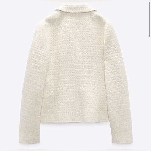 ZARA Cream / white blazer jacket Rhinestones Classy Simple Tweed Sz M - Picture 4 of 16